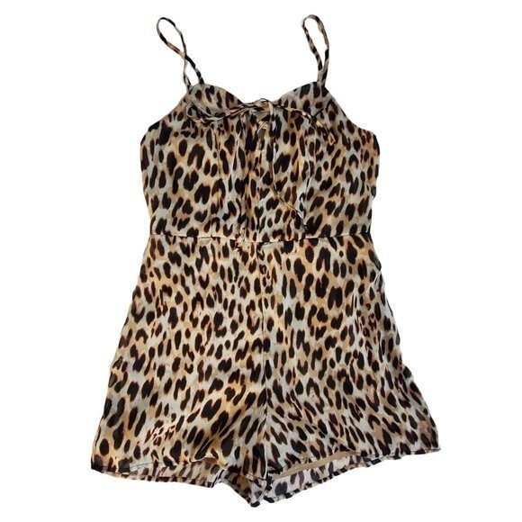 Material Girl Natural Leopard spaghetti strap shorts romper sz S - Picture 1 of 12